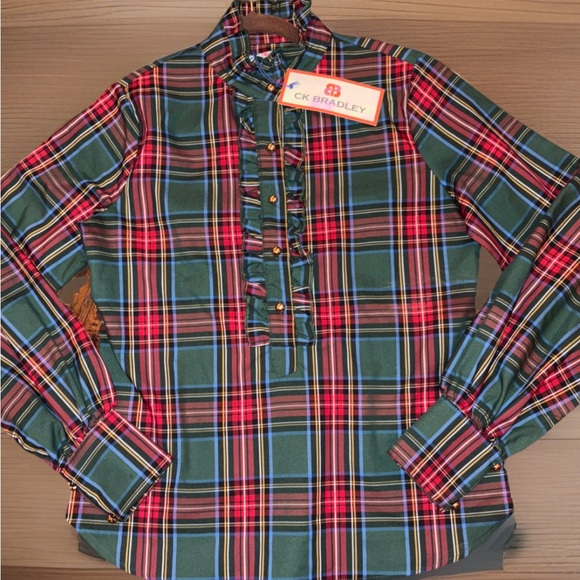 CK Bradley Plaid Top Ruffle blouse medium NWT - Picture 1 of 6